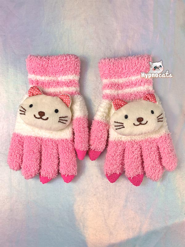 Cute Animal Fleece Gloves Cat Pink 1